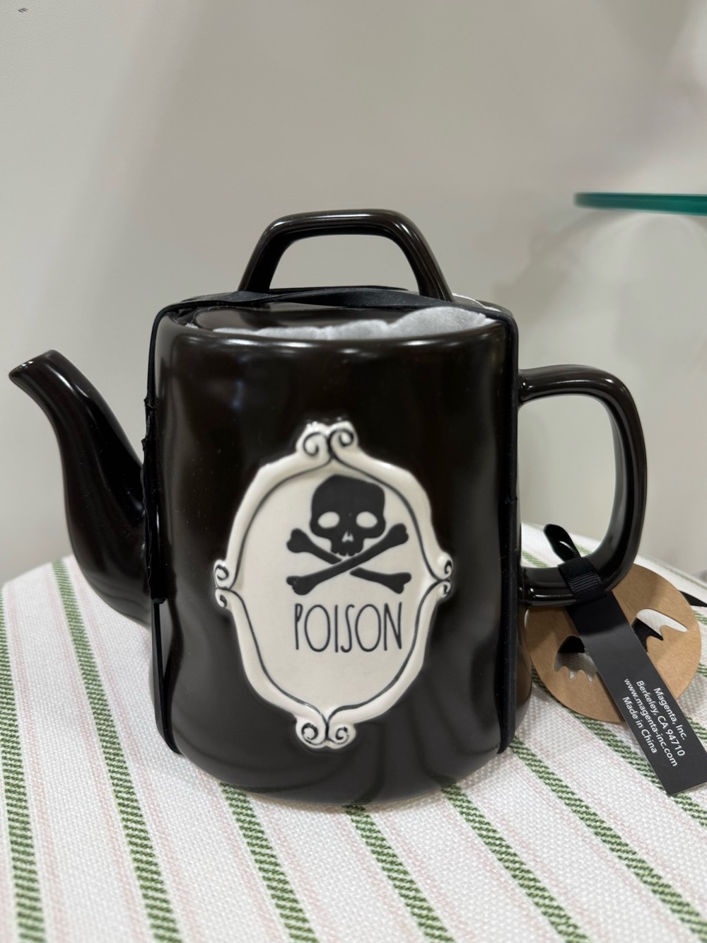 Rae Dunn Poison Teapot Black with Skull Design Halloween ☠️ NWT